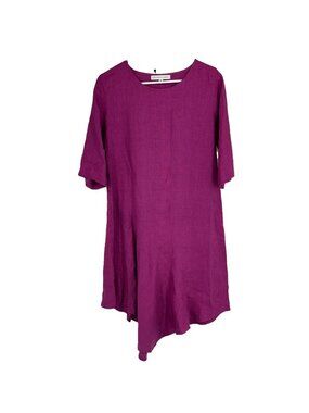 Christopher Calvin Women S 100% Linen Dress Magenta Asymmetric Sharkbite Hem